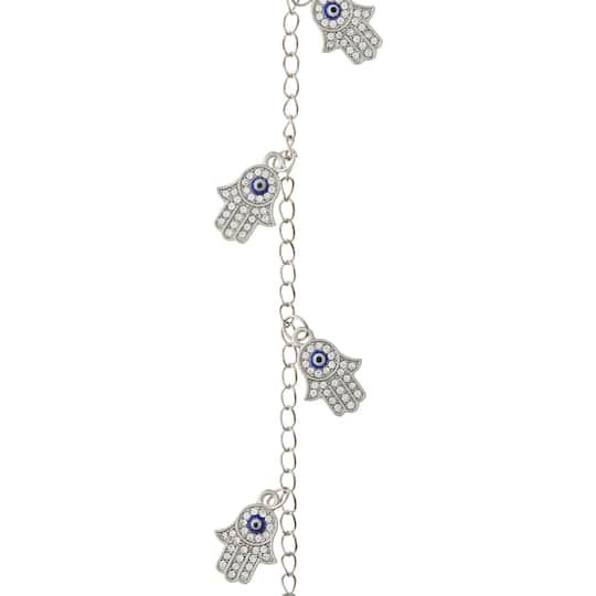 Silver Rhinestone Hamsa Metal Hand Beads, 21mm by Bead Landing™